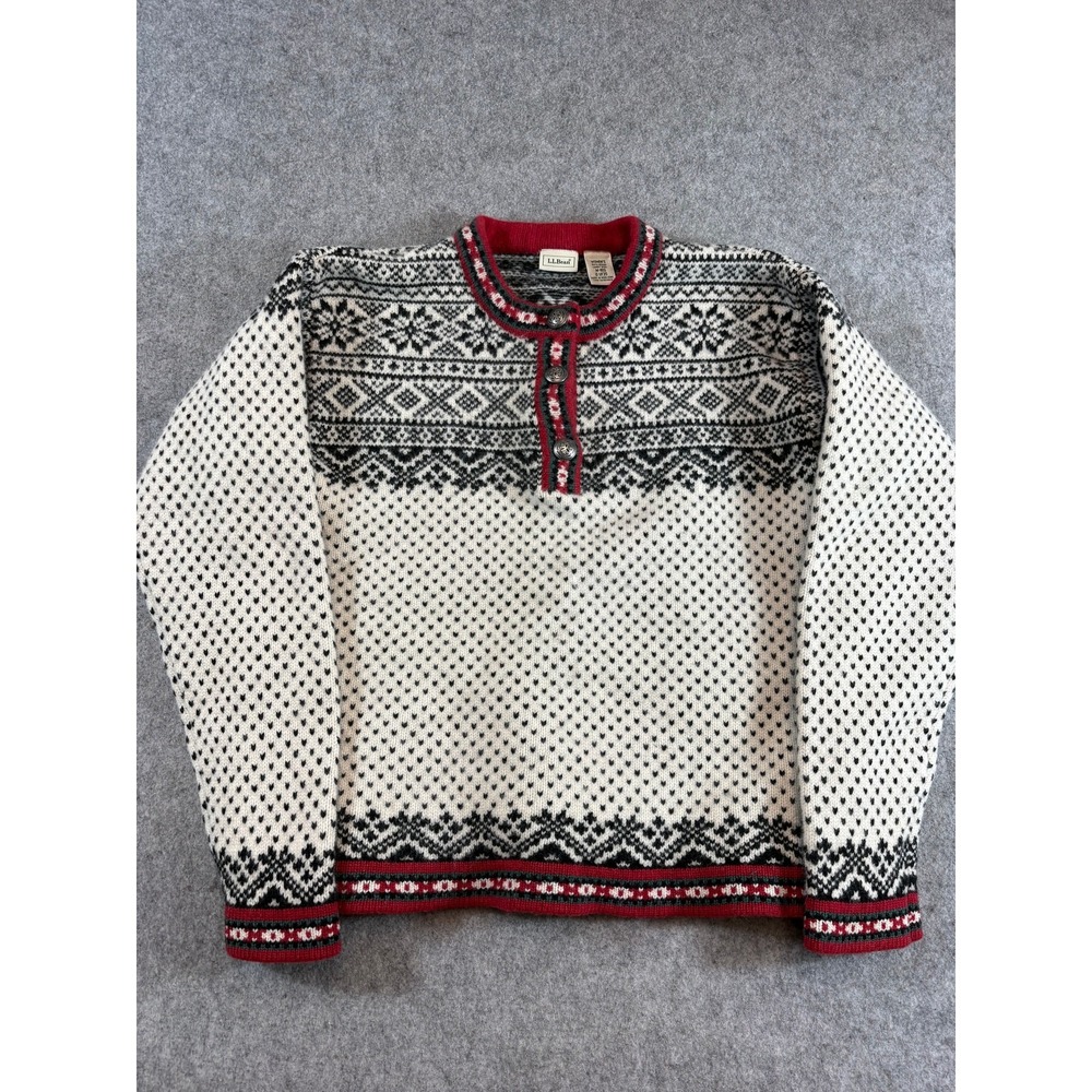 LL Bean Nordic Sweater Womens Medium Gray Red Lambswool Fair Isle Metal Buttons